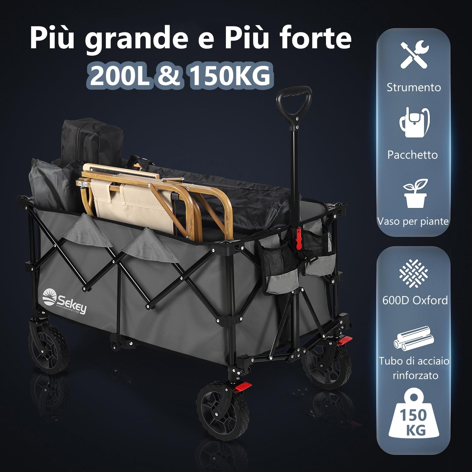 Sekey XXL Plus Carrello Pieghevole con Freni 200L 150KG, Carrello da Giardino con Ruote ai Terreni Accidentati, Design Brevettato Pieghevole da QUATTRO Direzioni SE4010, Antracite