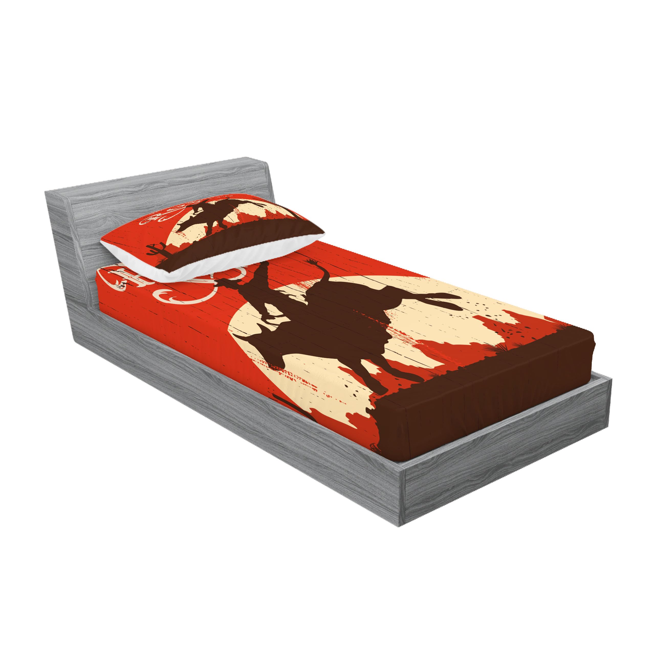 Ambesonne Vintage Fitted Sheet & Pillow Sham Set, Rodeo Cowboy Riding Bull Wooden Old Sign Western Style Wilderness at Sunset Image, Decorative Printed 2 Piece Bedding Decor Set, Twinxl, Redwood
