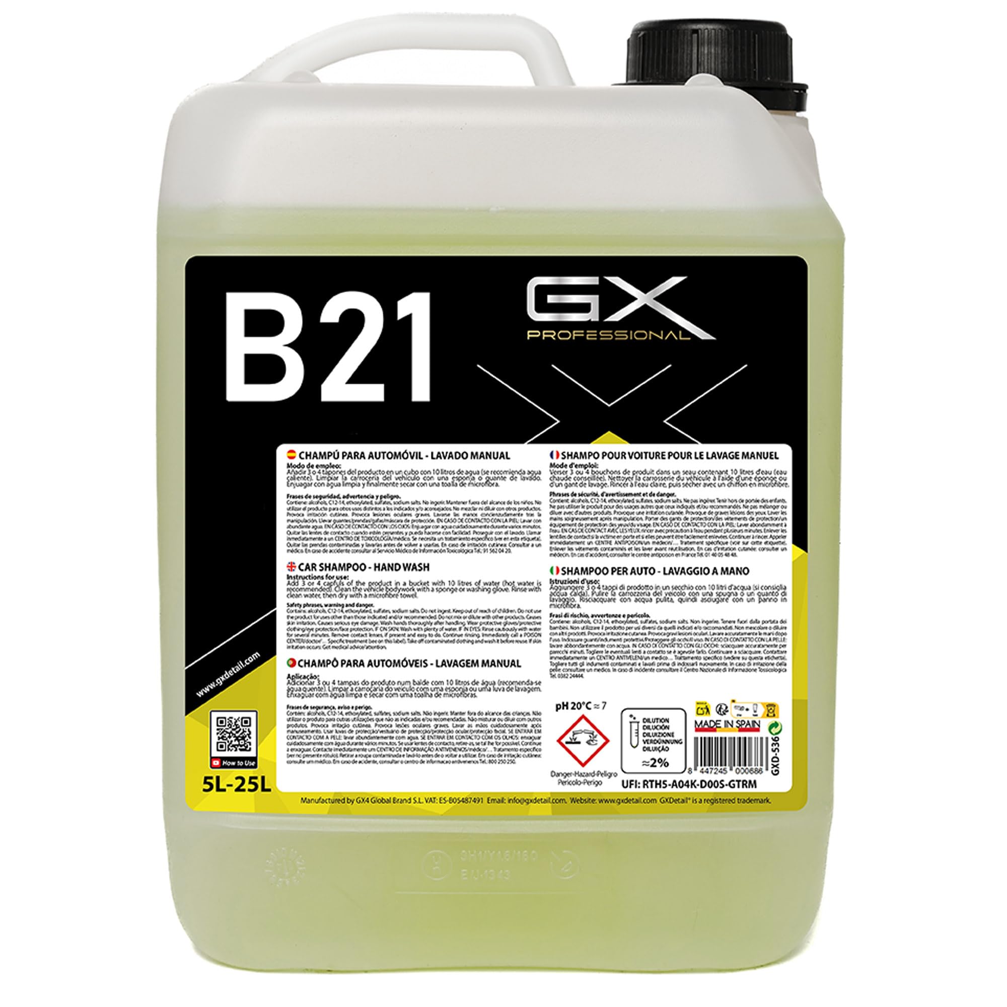 GxDetail Champú de Lavado Manual Cooncentrado 5 Litros - Snow Foam para Coche – Espuma Activa y pH Neutro – Limpieza Profunda y Brillo Duradero – Seguro para Pintura, Ceras y Coatings