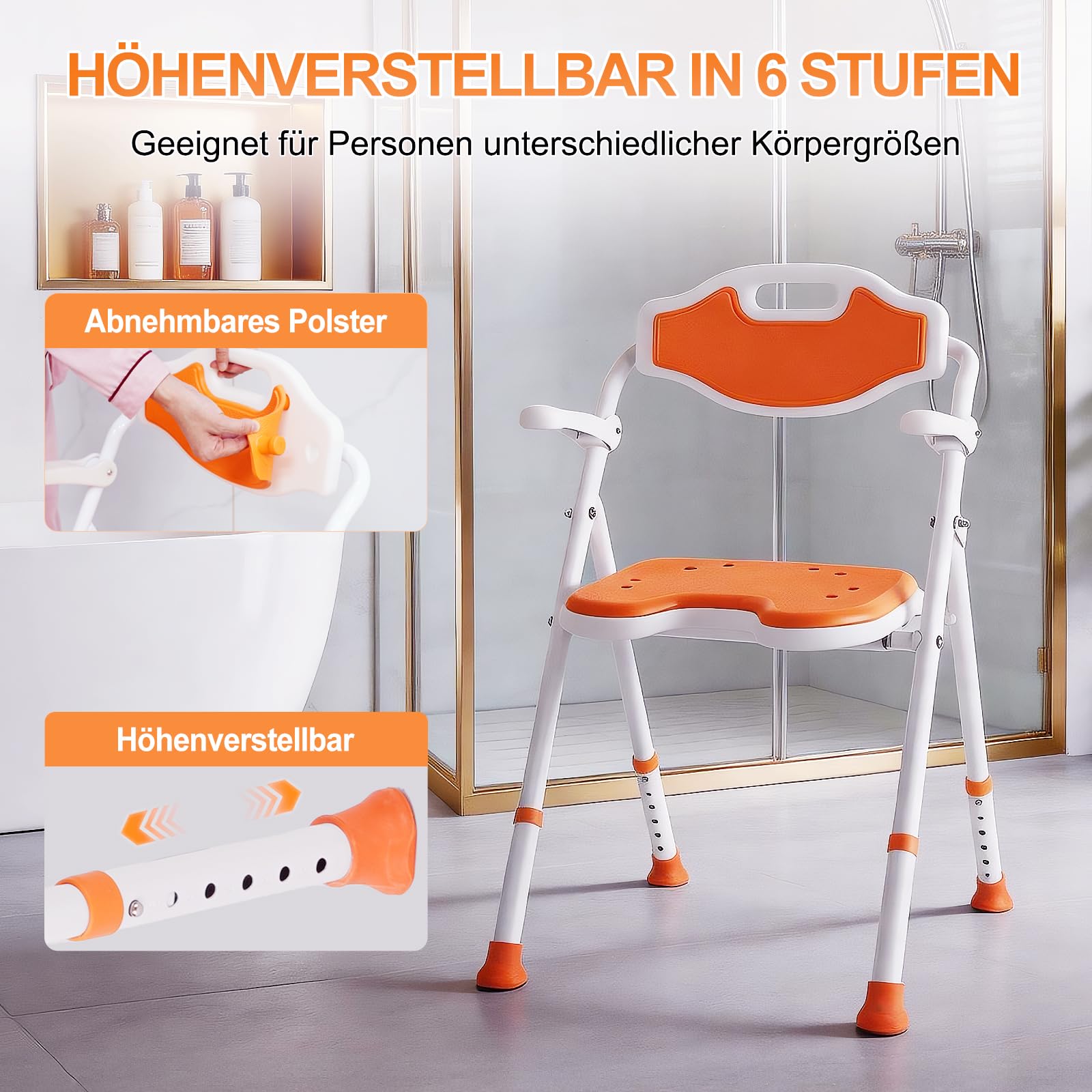 Duschstuhl für Senioren, Duschhocker Klappbar Höhenverstellbar, Anti-Rutsch Duschstuhl mit Hochklappbare Armlehnen, Rückenlehne für Dusche Schwangere, Tragfähigkeit 120kg