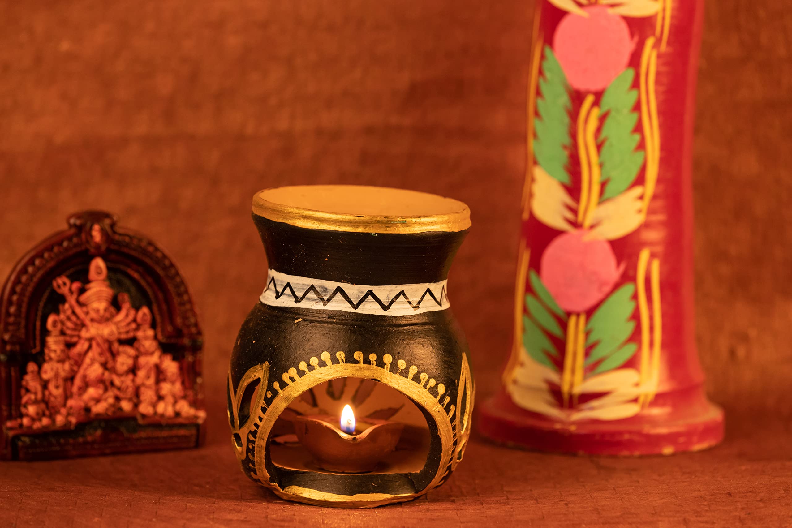 Karru Krafft Handcrafted Terracotta Oil Diffuser/Kapoor Burner/Candle Holder and Durga Idol Set for Home Fragrance, Pooja Decor, Festive Decor, Diwali Decor, Home Deco(KKTCDF-217899BLACKOILDIFFUSER) - Image 3 thumbnail