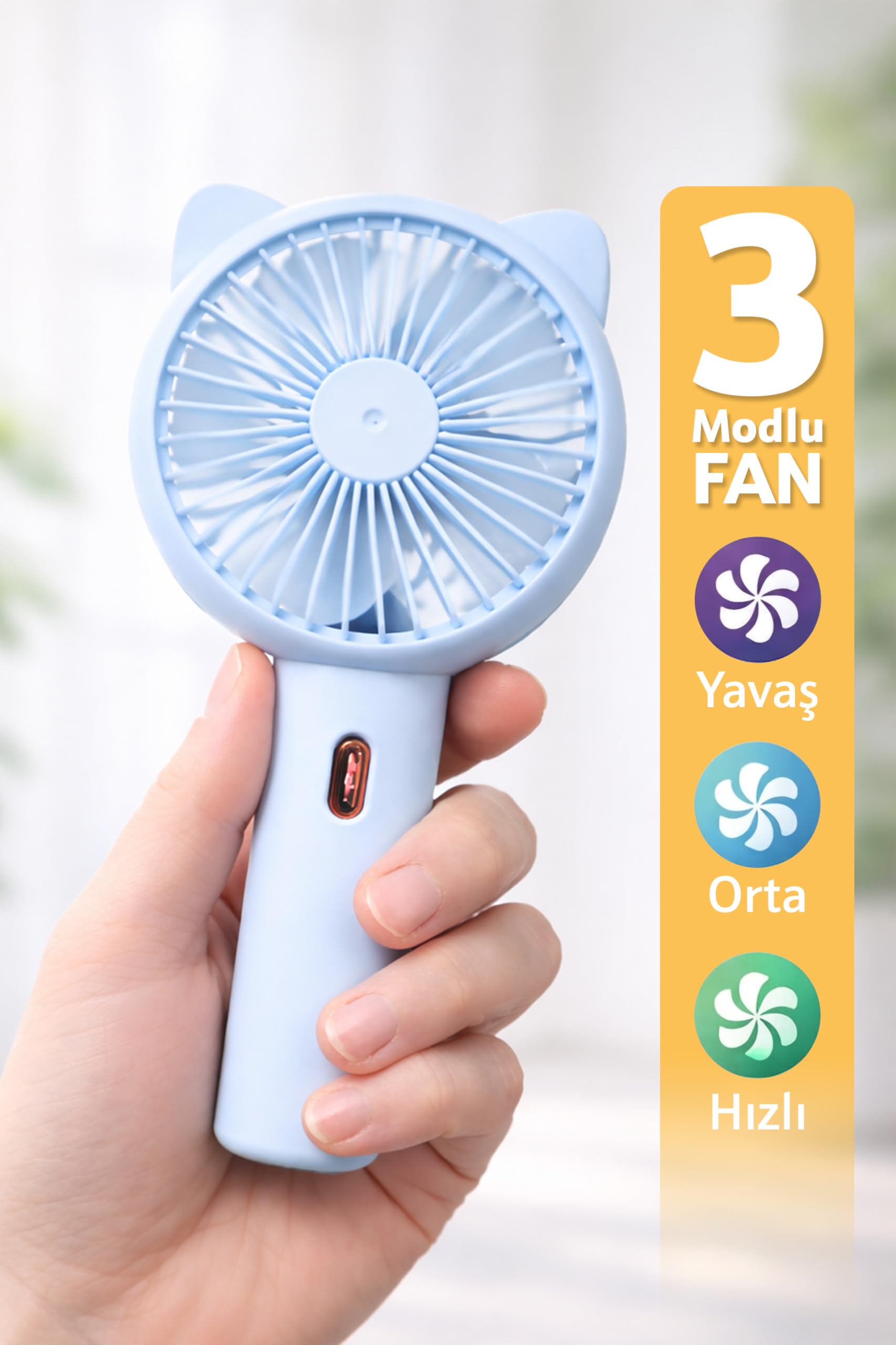 3 MODLU Şarjlı El Fanı 3 Kademe Seyahat Masaüstü Vantilatör Taşınabilir Mini Fan F136 (Mavi)