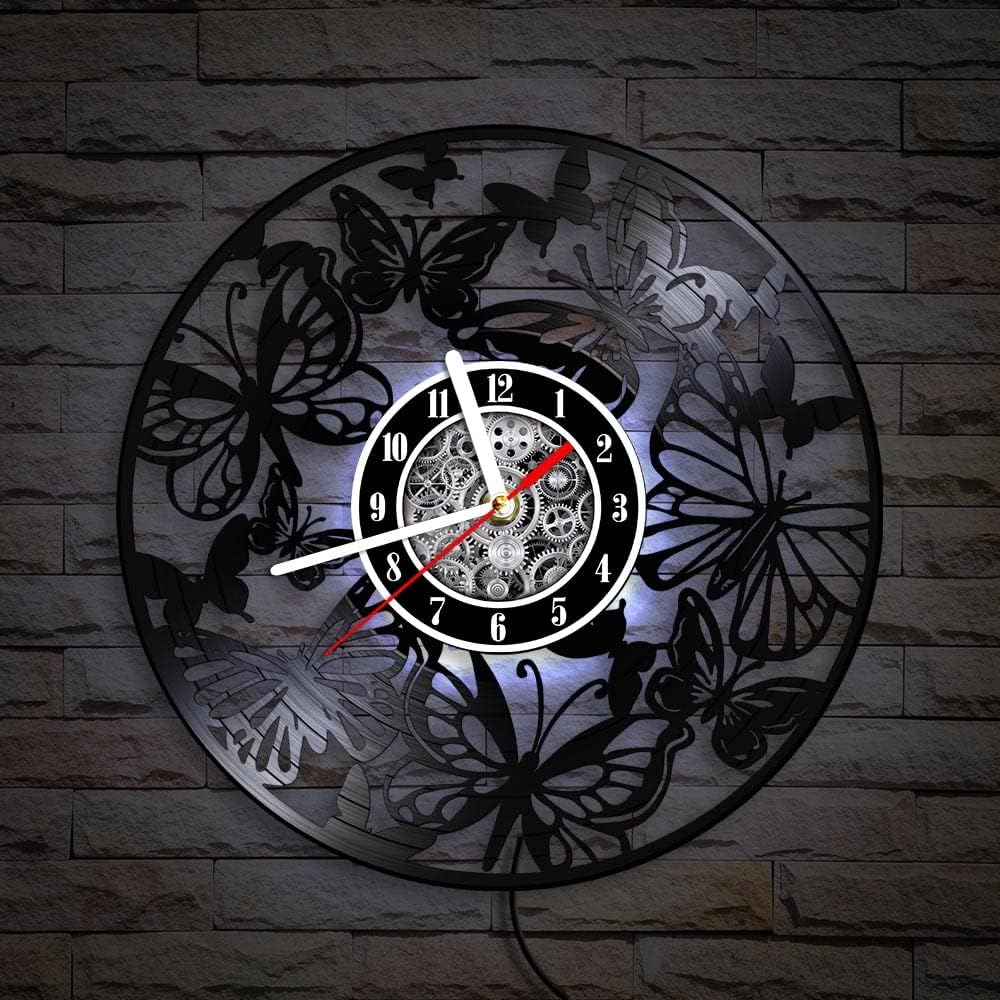 The Geeky Days Butterflies Artwork LED Vinyl Record Wall Clock 7 Color Light, 12inch Silent Quartz 3D Butterfly Carved LP Record Watch Handmade Animal Housewarming Gift Nursery Decor