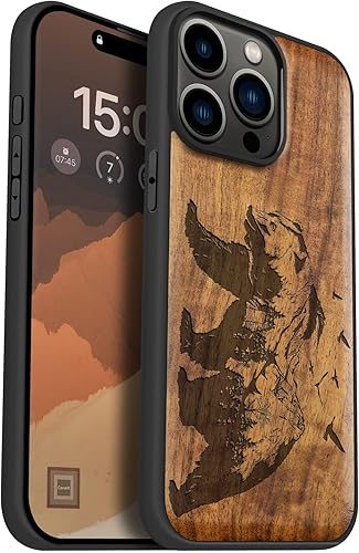 Carveit Funda magnética de madera para iPhone 15 Pro Max madera maciza y TPU suave negro a prueba de golpes, funda de madera única compatible con