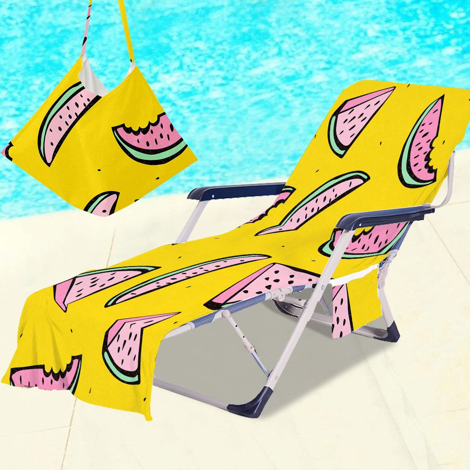 Surwin Sun Lounger Beach Towel with Pockets, Tropical Fruit Print 3D Summer Beach Chair Cover Chaise Lounge Towel Cover Mate Sunbed Towels For Holiday Garden Outdoor Pool (75x210cm,Yellow)