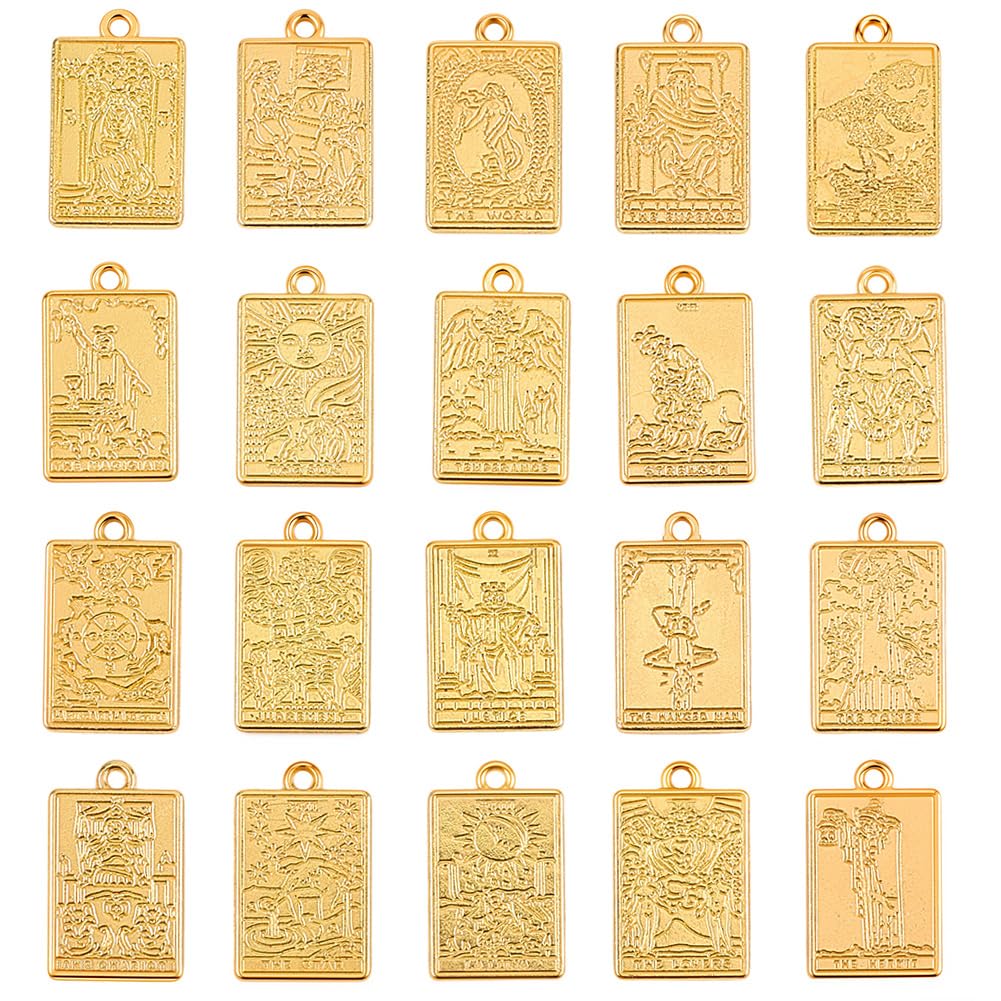 SUNNYCLUE 1 Box 40Pcs 20 Styles Metal Tarot Card Charms Divination Charms Bulk Gold Rectangle Magic Occult Astrology Alloy Gothic Pendants for Jewellery Making Halloween Necklace Bracelet Earrings DIY