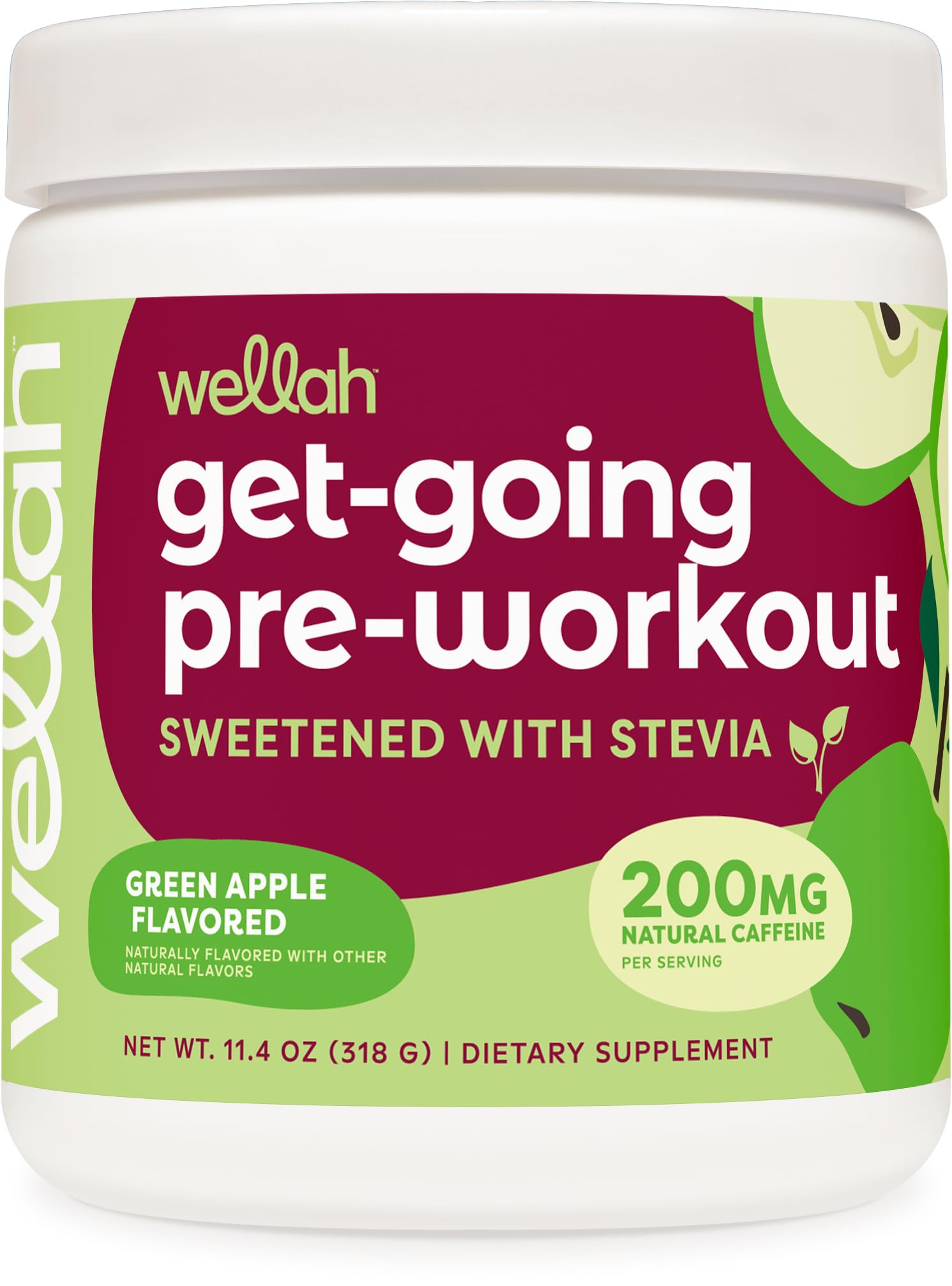 Wellah Pre-Workout Drink Mix (Green Apple Flavored, 30 Servings) - with Citrulline Malate and L-Theanine, 200mg of Natural Caffeine & 1000mg of Beta-Alanine