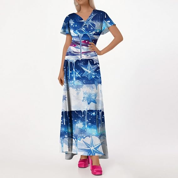 Women's Patriotic Star Maxi Dress - V-Neck Short Sleeve Casual Summer Dress  For 4th Of July