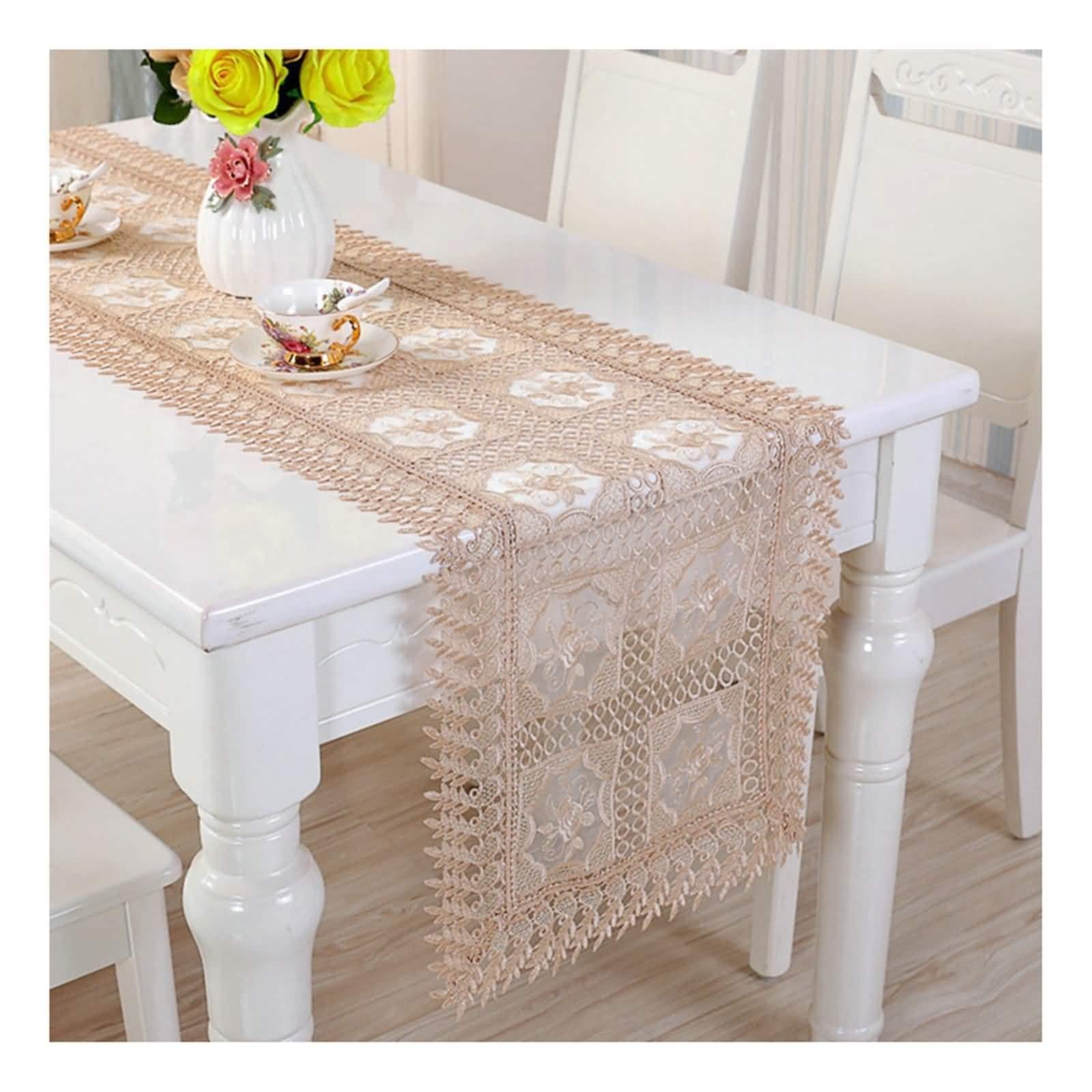 Tischläufer Elegant, Tischläufer Herbst 180 Beige-Golden 40CM Hohles Spitzenstickmuster Polyester Table Runner Tischdeko Wohnzimmer Küche
