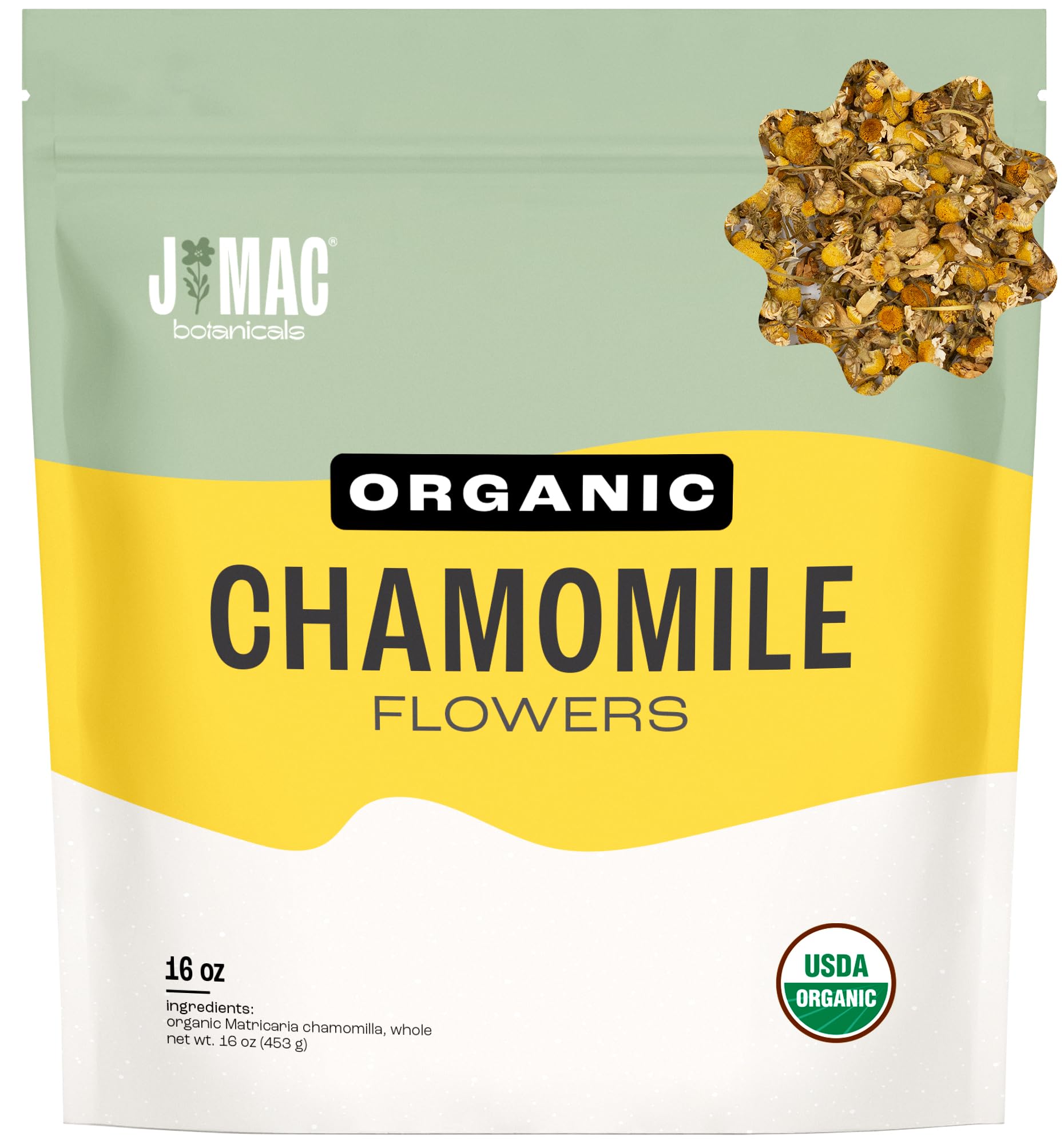 J Mac Botanicals, Organic Chamomile Flowers (1 pound), Certified USDA Organic. Whole Dried Chamomile Flower, Loose Leaf Tea