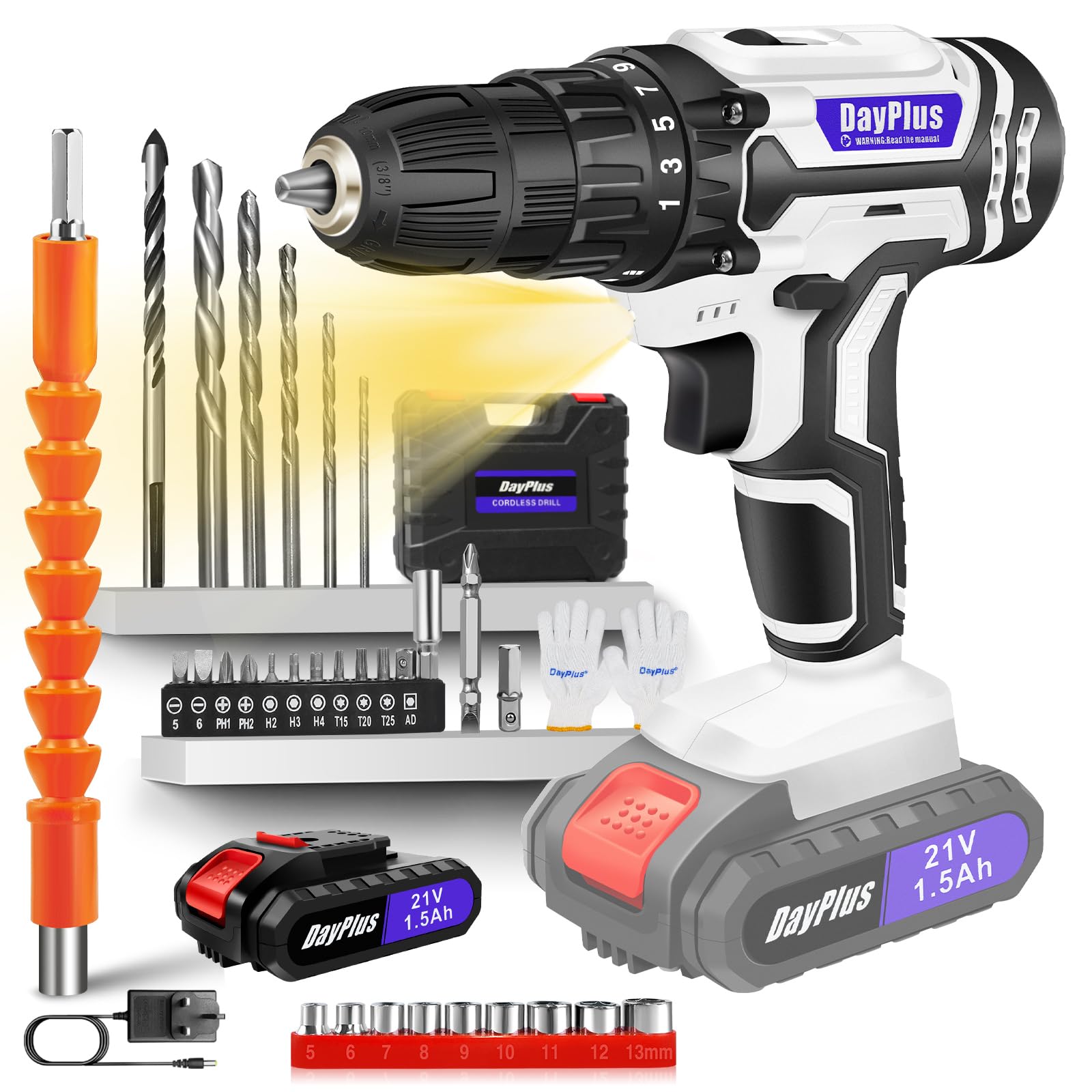 Lucn 21V Cordless Drill Set Power Drill Driver Impact Drill with Battery Fast Charger, 1x 1500mAh Lithium-Ion Battery, 3/8'' Chuck, 25+1 Torque, LED Light, 2 Speed