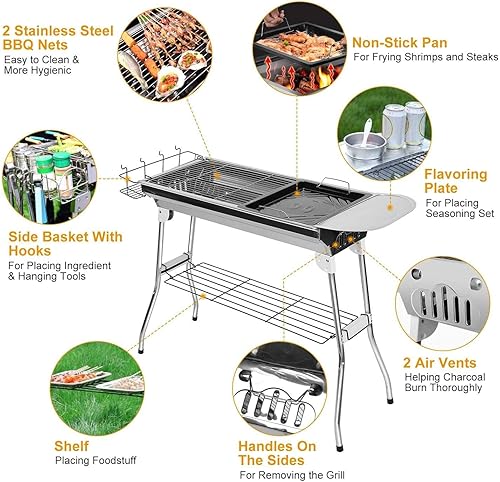 Miniatura 3 de TeqHome Parrilla de carbón portátil, plegable y mejorada, parrilla de carbón grande con estante de tablero y cesta de almacenamiento de sabor, marco