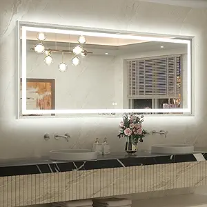 TETOTE 72 x 32 Large Bathroom Mirror Brushed Nickel Metal Frame Frontlit & Backlit Vanity Mirror 3 Colors White/Warm/Natural Stepless Dimmable Anti-Fog Bathroom Mirrors for Vanity Wall-Mounted