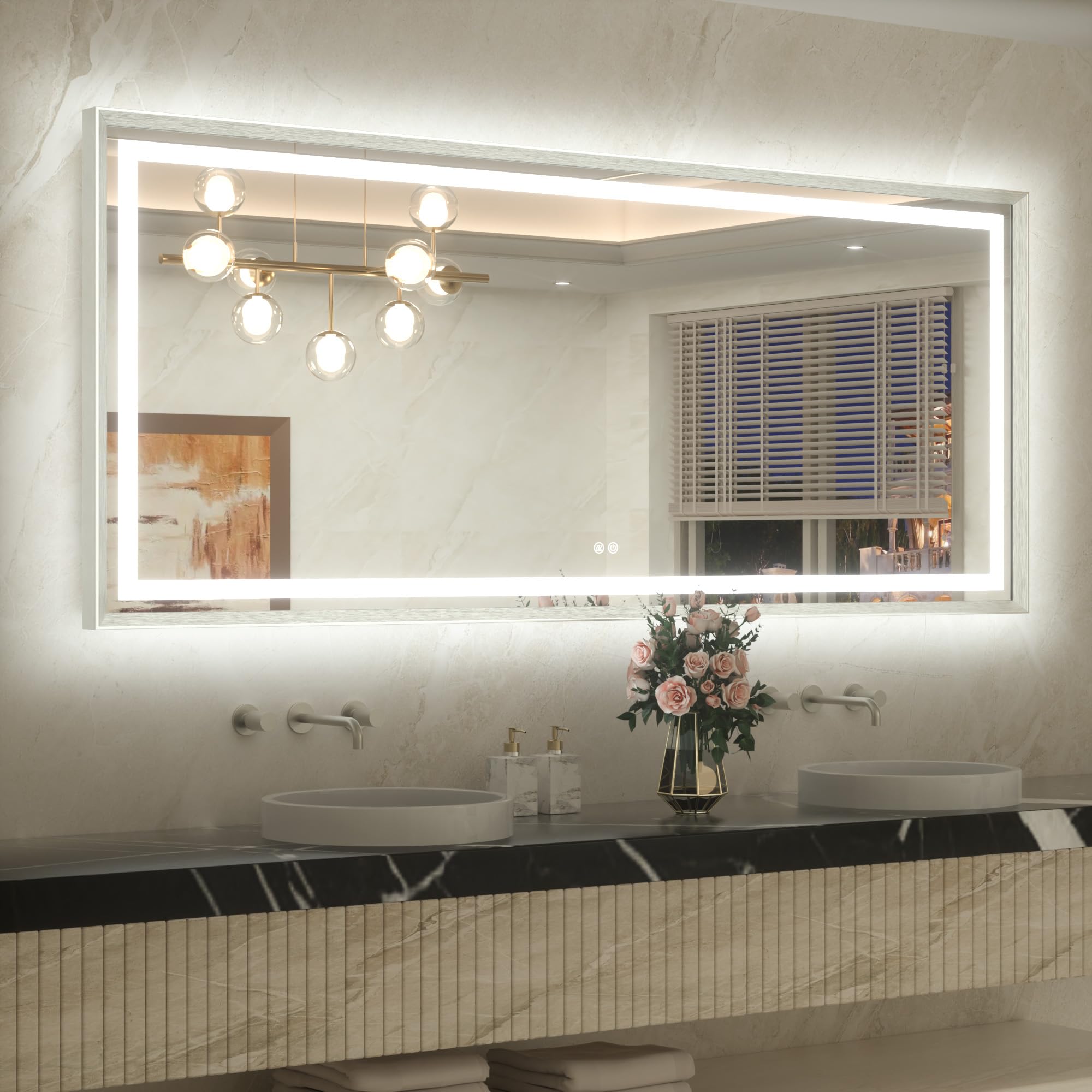TETOTE 72 x 32 Large Bathroom Mirror Silver Metal Frame Frontlit &amp; Backlit Vanity Mirror 3 Colors White/Warm/Natural Stepless Dimmable Anti-Fog Bathroom Mirrors for Vanity