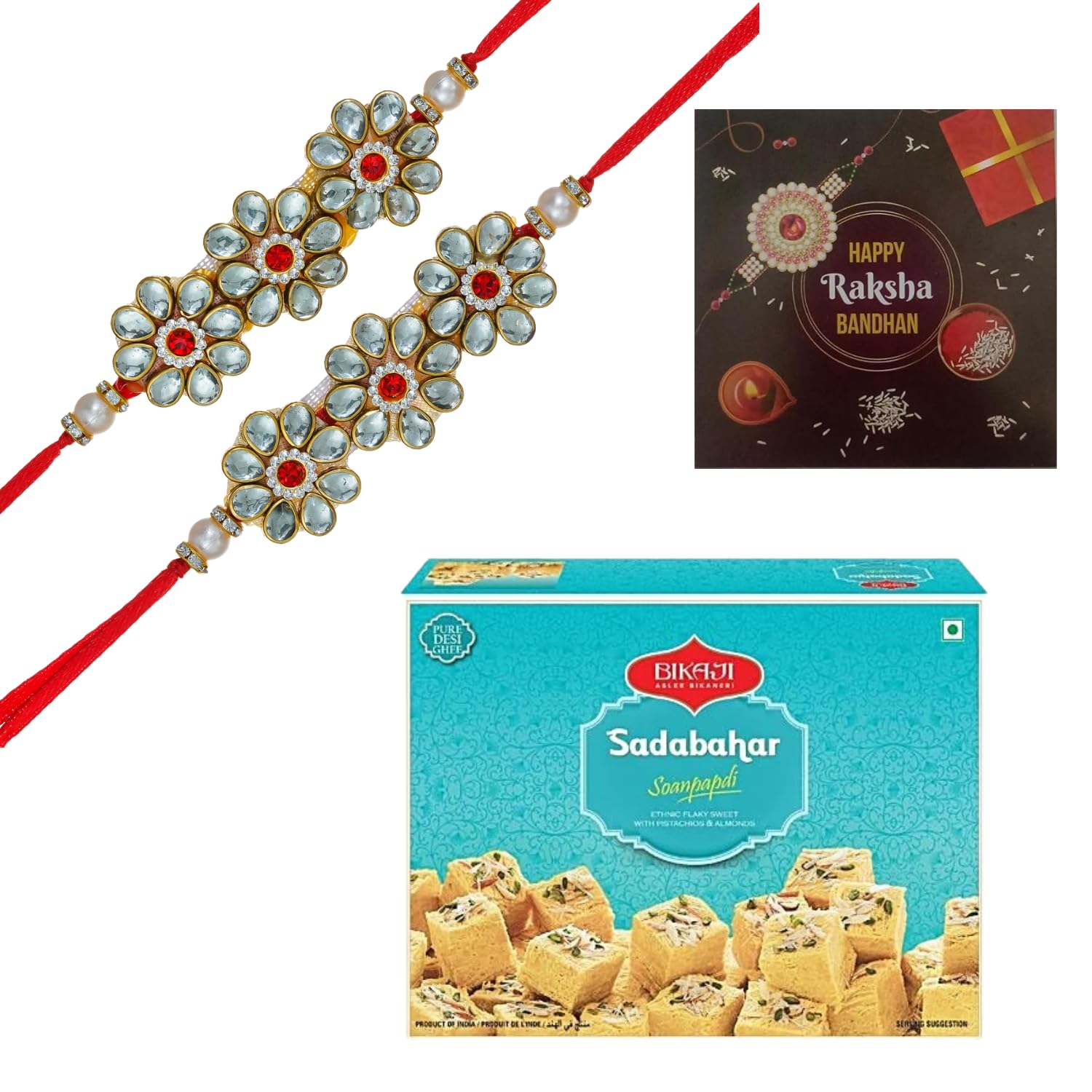 Webelkart Combo Of 2 Rakhi For Brother And Bahbhi With Bikaji Soan Papdi (450 Gm),Rakhi For Brother With Greeting Card,Roli-Chawal Gift Combo pack