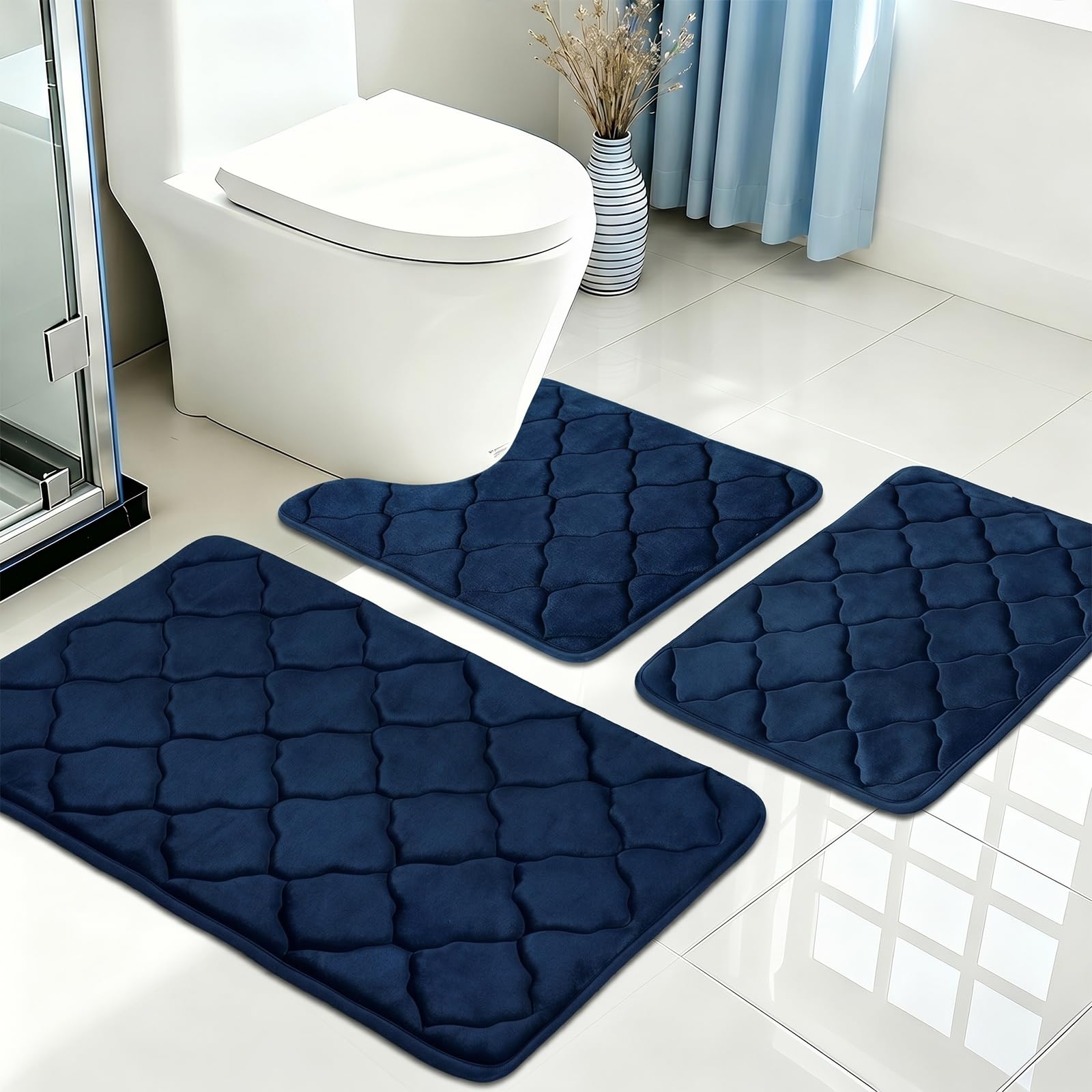 Edlbaegy Non Slip Bath Mat Set 3 Pieces Ultra Soft Memory Foam Bathroom Rugs Water Absorbent Bathroom Mats Set Machine Washable Bath and Toilet Rug Set for Floor(Navy Blue)