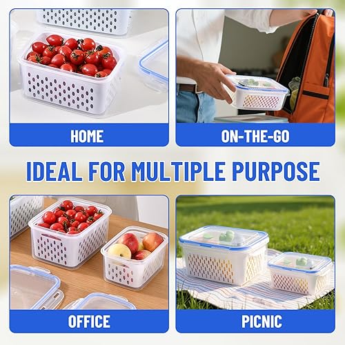 Miniatura 7 de Recipientes grandes de frutas para refrigerador, recipientes de almacenamiento de alimentos a prueba de fugas con colador extraíble, aptos
