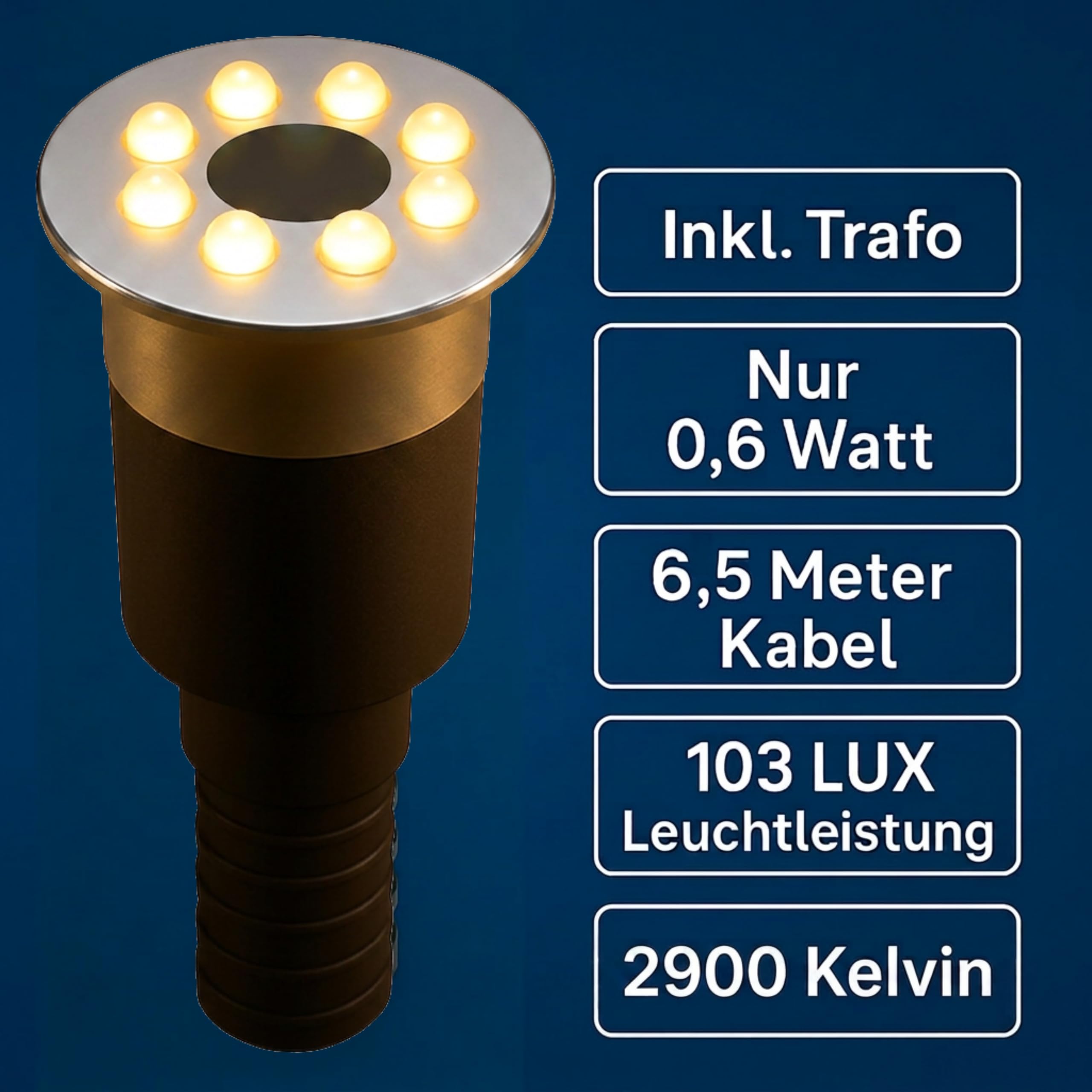 Wasserspielleuchte warmweiß, inkl. Trafo, 0,6 Watt, IP68, 12V, 103 LUX, 650 cm Kabel, 8 LED, LED Ring Brunnen, Wasserspielbeleuchtung | Springbrunnen-Beleuchtung | Quellsteinbeleuchtung