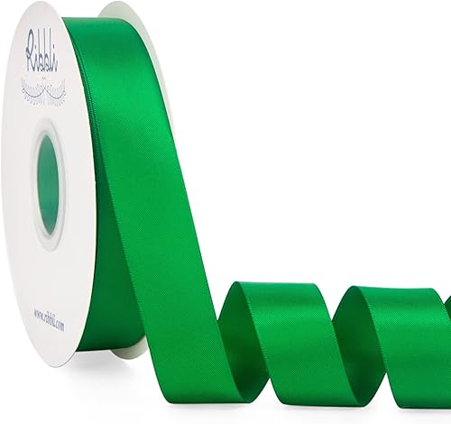 Ribbli Cinta de satén verde esmeralda de doble cara de satén de 1 pulgada x 50 yardas, cinta verde para envolver regalos, manualidades, decoración