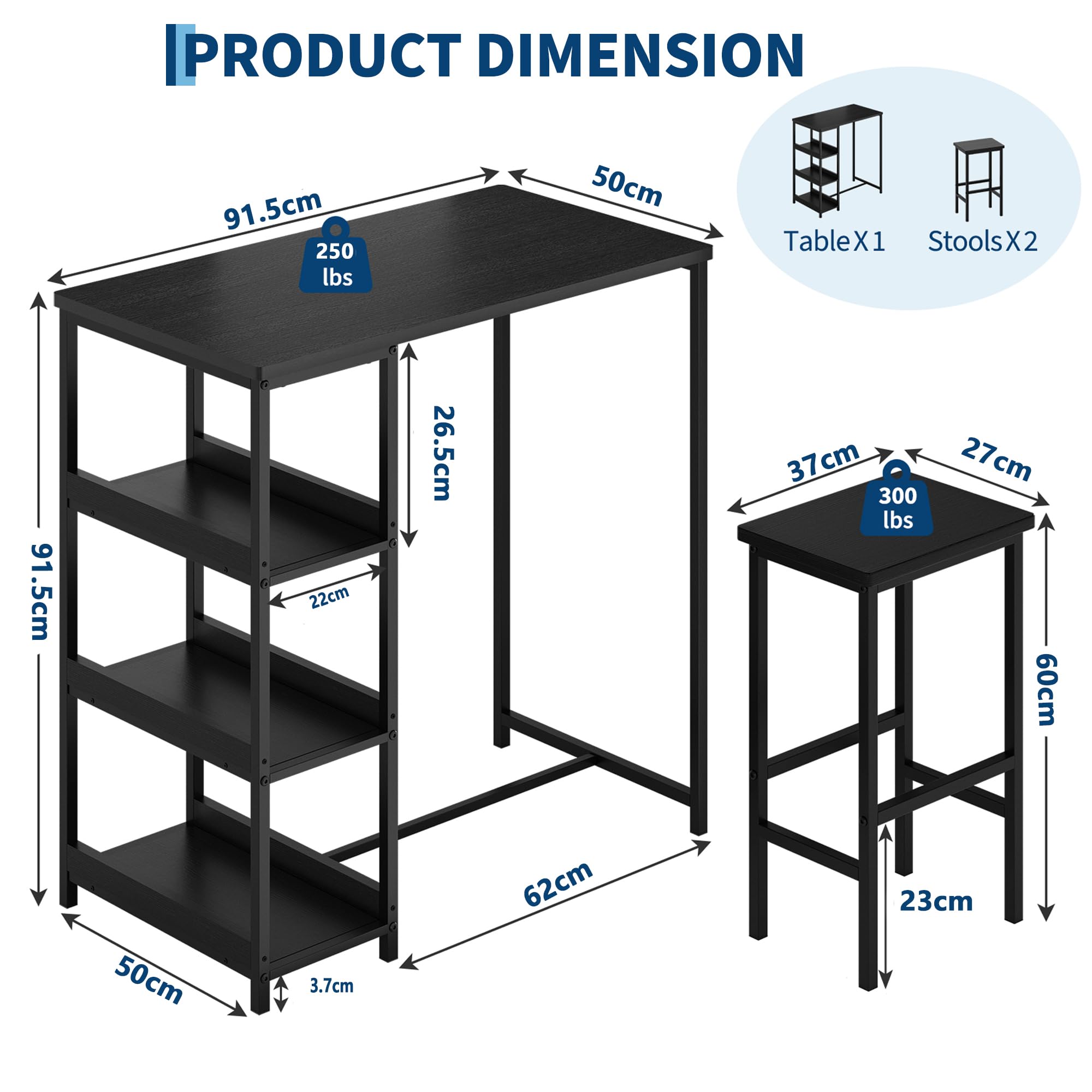Garvee Bar Tisch Und Stühle Set, Rechteckiger Pub Tisch Mit 2 Hockern Für Kleinen Platz, High Top Tisch, 3-Teilige Frühstück Hocker Set, Robuster Metallrahmen, Einfach Zu Montieren,Schwarz