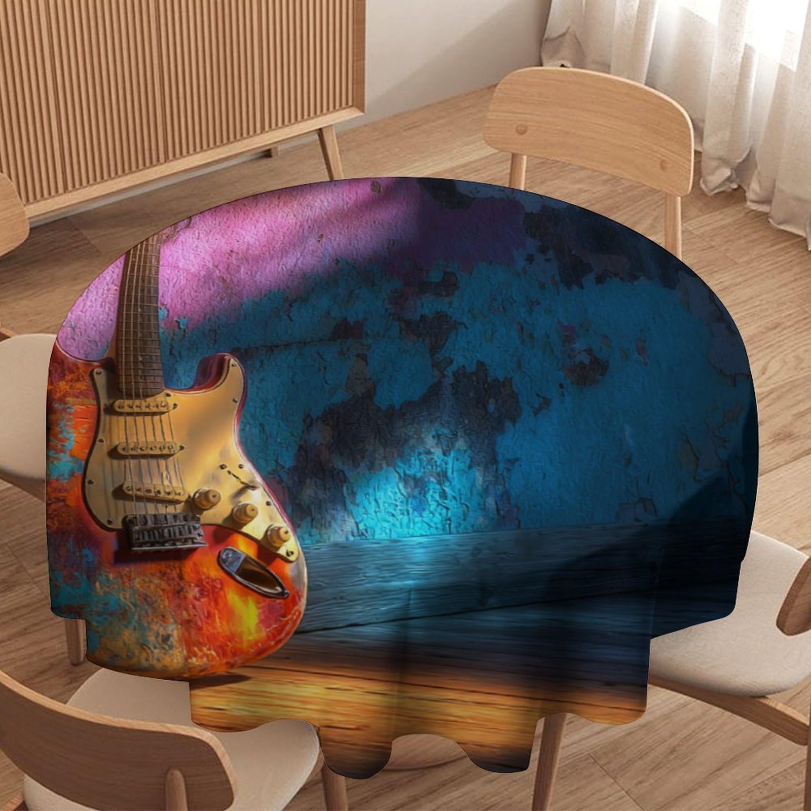 LUYYSKY Funny Cool Music Guitar Waterproof Round Tablecloth Cool Oil Painting Graffiti Wall Musical Instrument Print Washable Table Cover for Kitchen-152.4" Wx152.4 L cm