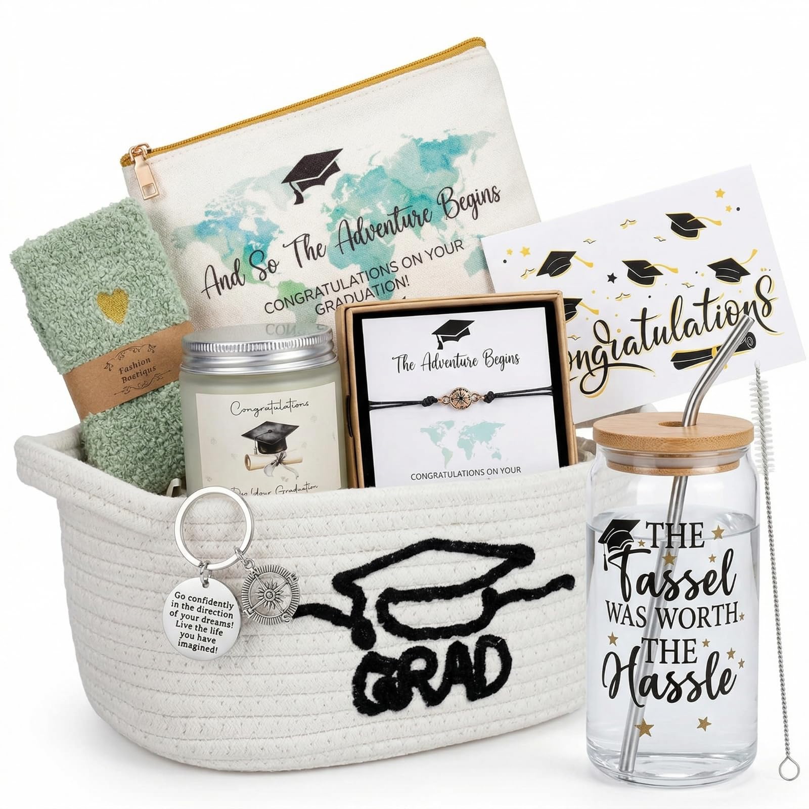 Zopeal Graduation Gift Basket for Her 2026,Graduation Gift Set with Glass Tumbler,Makeup Bag,Candle,Socks,Bracelet,Keychain,Card,College Grad Gifts for Her Women Daughter Granddaughter(White)