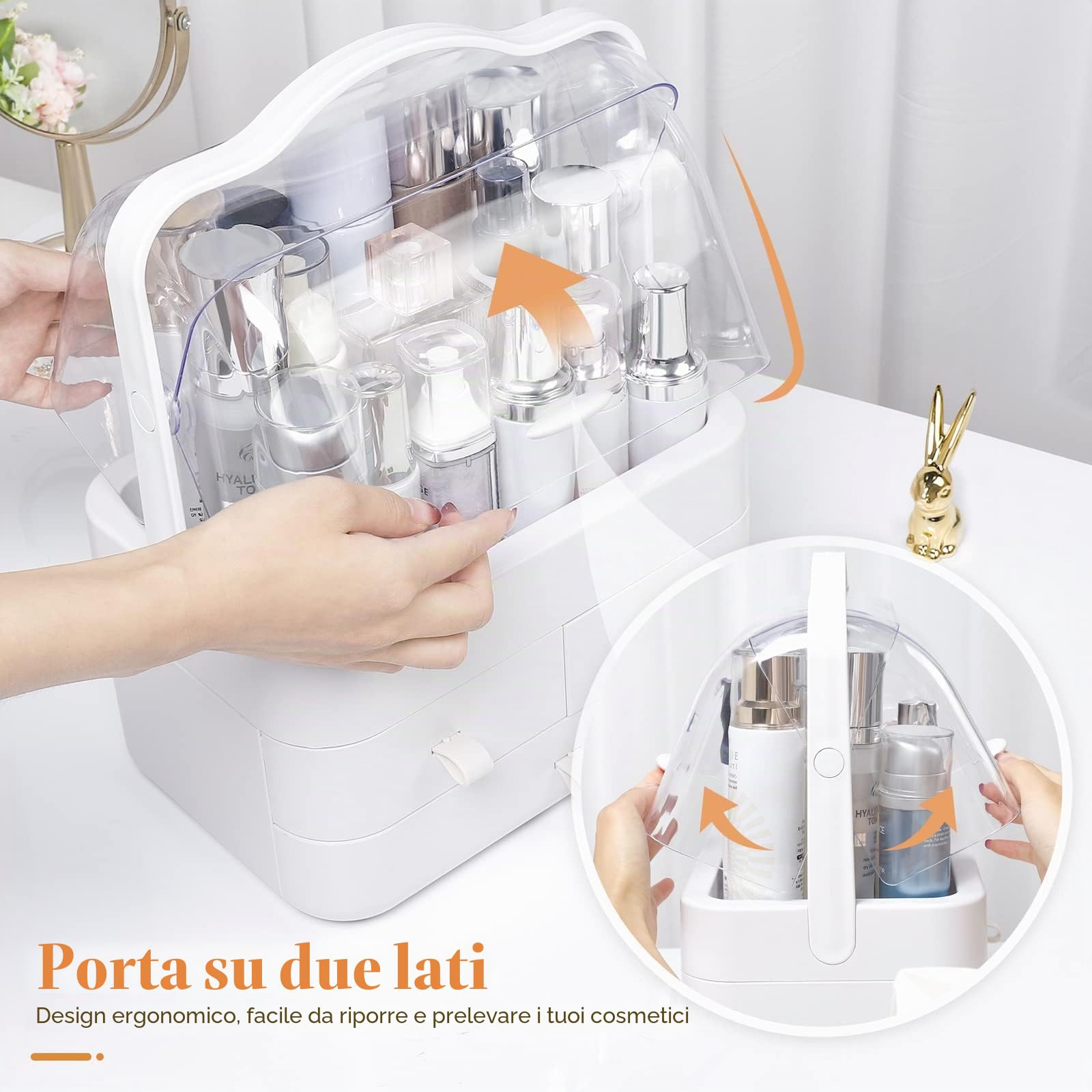 RMAN® Organizer trucchi con Coperchio Organizer Bagno Impermeabili Portatrucchi Organizzatore con 3 Cassetti Grande Capacità, Adatti e Rossetto, Smalto, Profumo, Bianco