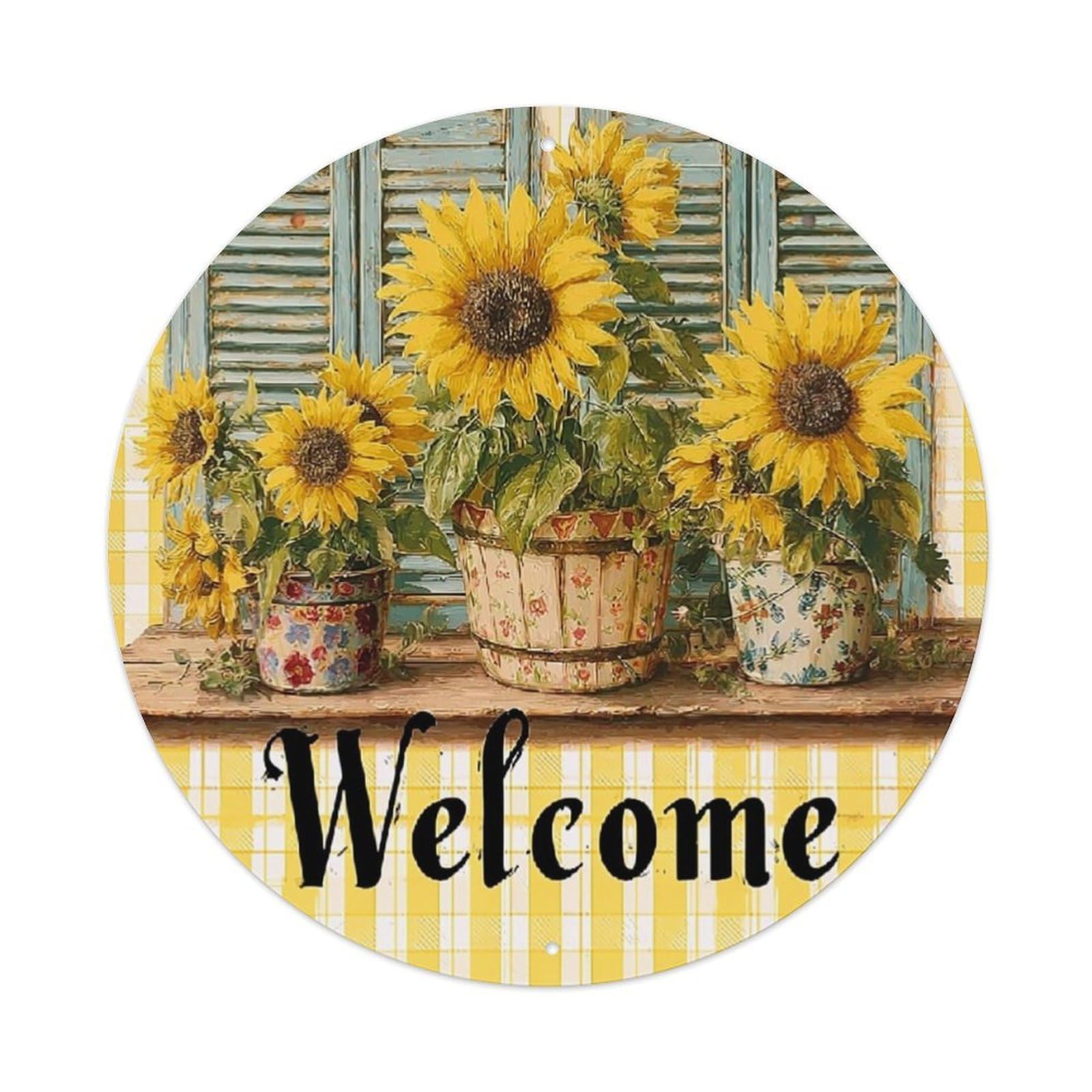 Sunflower Pots Window Shutters Welcome Sign Tin Sign Metal Poster Vintage Metal Signs for Home Man Cave Bar Cafe Kitchen laundry room Wall Decorations Gift 8x8Inch
