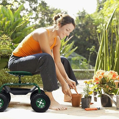 Miniatura 2 de IRONMAX - Asiento de trabajo de jardín con ruedas, taburete de jardinería resistente con asiento ajustable en altura, barra de dirección, bandeja de