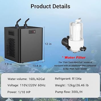 Chiller for Ice Bath and Cold Plunges, 1/10HP 1/3 HP 1/2 HP Fish Tank Water Chiller with Quiet Design Compressor with Pump Refrigeration Compressor for Coral Jellyfish(160L-For Fish Tank)