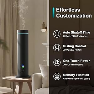 Waterless Diffuser, 1000 Sq.Ft Coverage, Essential Oil Diffuser with Tilt-Safe, Remote Control, Adjustable Mist Mode, Mood Lights Aromatherapy Diffuser for Home, Large Room, Office, Hotel, Black