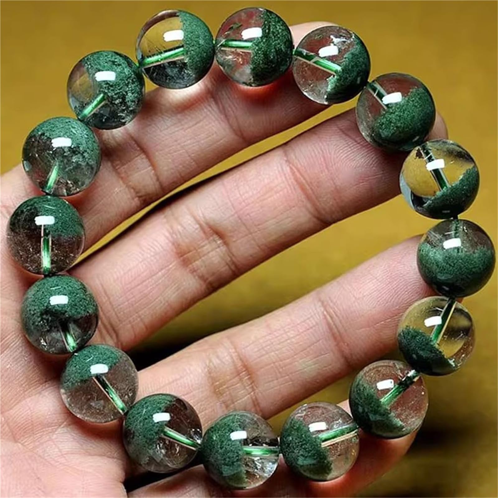 Bracelet à quartz fantôme vert naturel | Bijoux unisexe en perles de pierres précieuses d'énergie pour la richesse et la prospérité