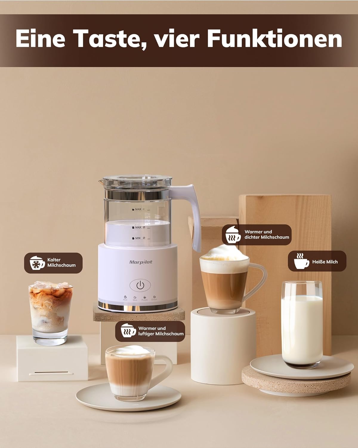 Morpilot milk frother showing four different drink types: cold milk foam, warm and airy milk foam, hot milk, and warm and dense milk foam.