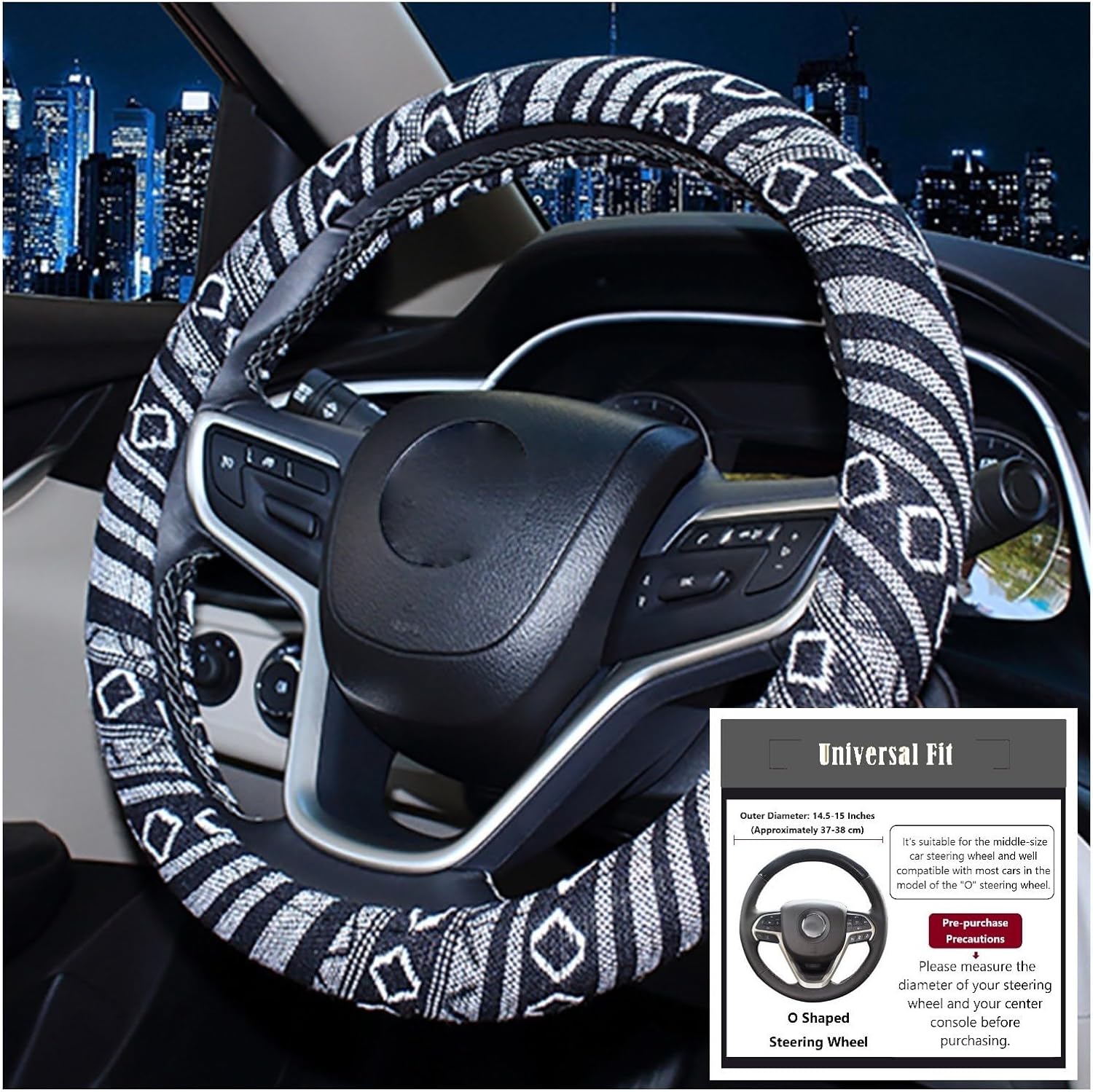 4 Pcs Boho Car Accessories Set with 15 Inch Steering Wheel Cover, Center Console Armrest Seat Box Pad and 2 Seat Belt Shoulder Strap Protector, Universal for Car, Truck & SUV, Black