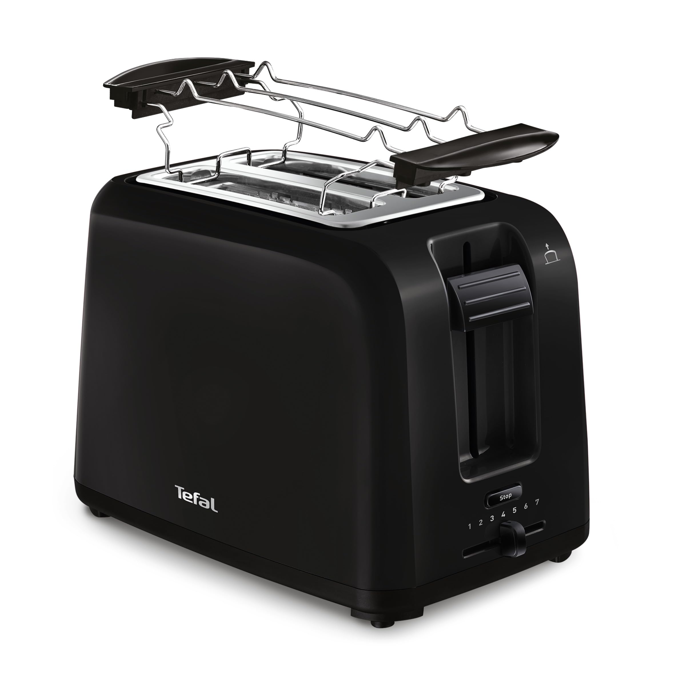 Tefal Vita Zwei-Schlitz-Toaster, 7 Bräunungsstufen, zentriert die Brotscheiben, Hebefunktion, Stopp-Taste, Auftauen und Erwärmen, herausnehmbare Krümelschublade, Schwarz, TT1A2810