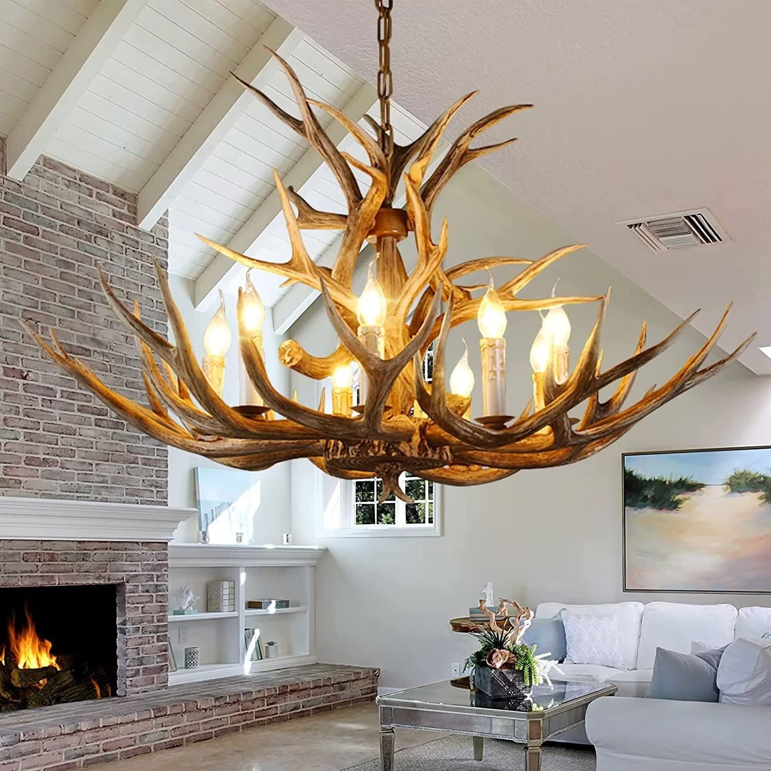 KXEcoLife Antler Chandelier, 8 Light Chandelier American Vintage Style lamp, Lighting, Hanging, Large