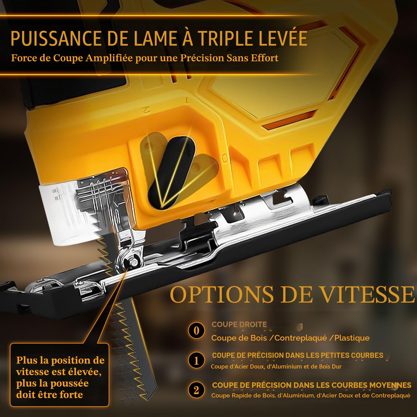 Scie sauteuse Dewalt 18/20 V, 400 W, 2900 tr/min, coupes biseautées 45°, 3 actions orbitales, lames pour droite/courbe/cercle