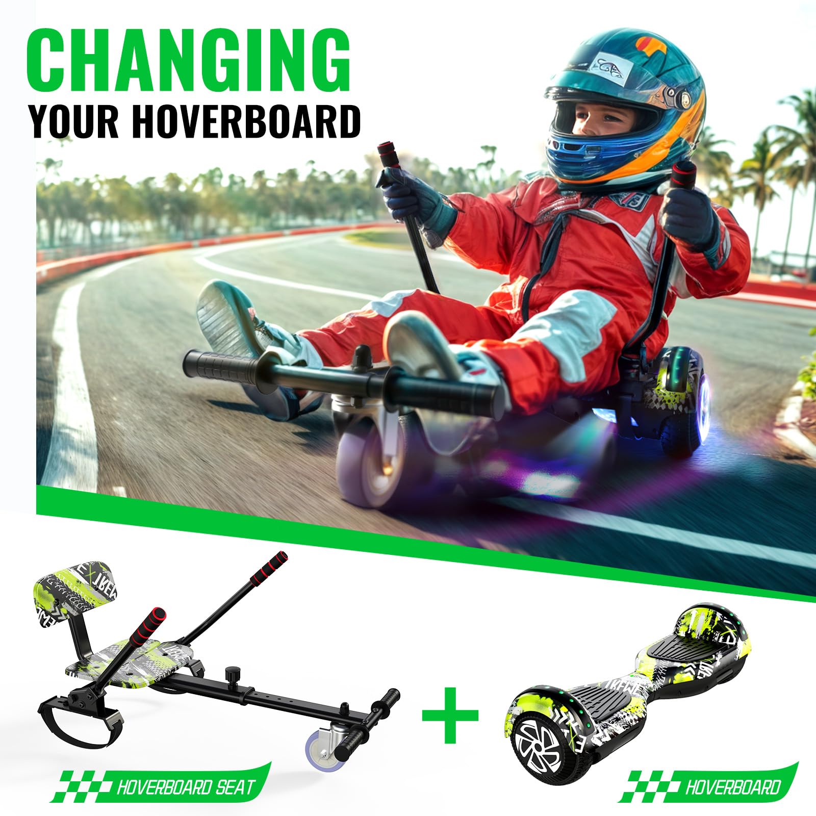 SISIGAD Hoverboard, Scooter Sitzbefestigung Combo mit Bluetooth Corlorful LED Lights, einstellbare Rahmenlänge für Kinder