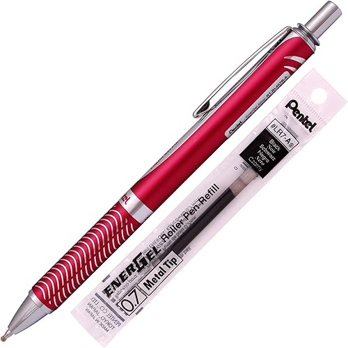Pentel – Pluma de gel Energel Alloy RT, de punta mediana de metal, tinta negra + recambio, Cuerpo rojo