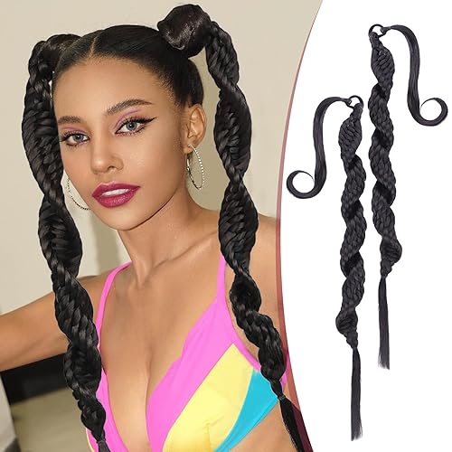 HANNE 2 extensiones de cola de caballo trenzadas de ganchillo para mujer, cola de caballo trenzada larga con lazo para el cabello, extensiones de