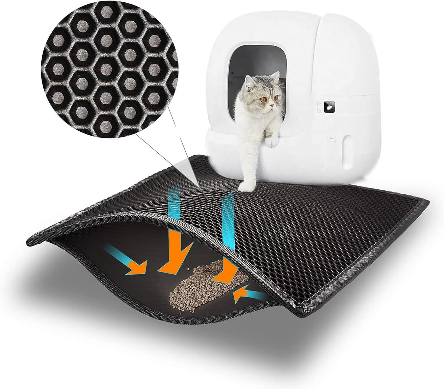 Cat Litter Mat Double Layer Waterproof Urine Proof Trapping Mat, Jumbo 30" x 24" in, Honeycomb Double Layer Anti Tracking Kitty Mats, No Phthalate, Washable Easy Clean, Scatter Control (Black)