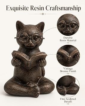 Bronze Cat Figurine Reading Book, Resin Home Decor Accents Statue with Glasses, Cute Tabletop Decor for Bookshelf Desk Office Library, Cat Lovers Gifts for Women Man Teacher Student (Reading Cat)