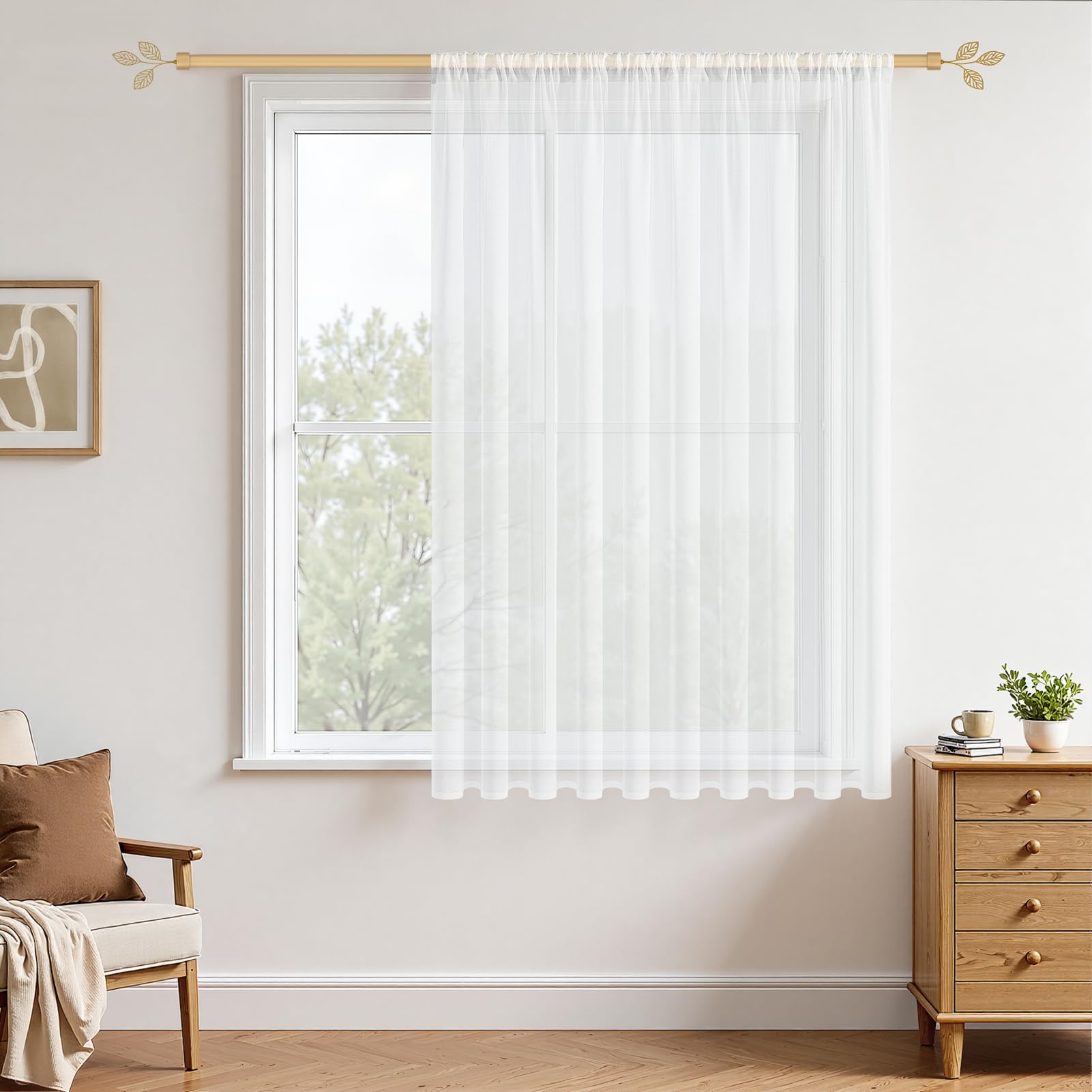 MRTREES White Curtains, 160 x 200 cm (H x W), for Rod Pull, Short, Transparent, Extra Wide, Country House Style, for Living Room, Bedroom and Kitchen, Set of 1