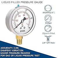 Vista 2 de 0-15 Psi Manómetro de baja presión lleno de líquido de glicerina, esfera de 2.5", montaje inferior de 1/4" NPT, carcasa de acero inoxidable 304