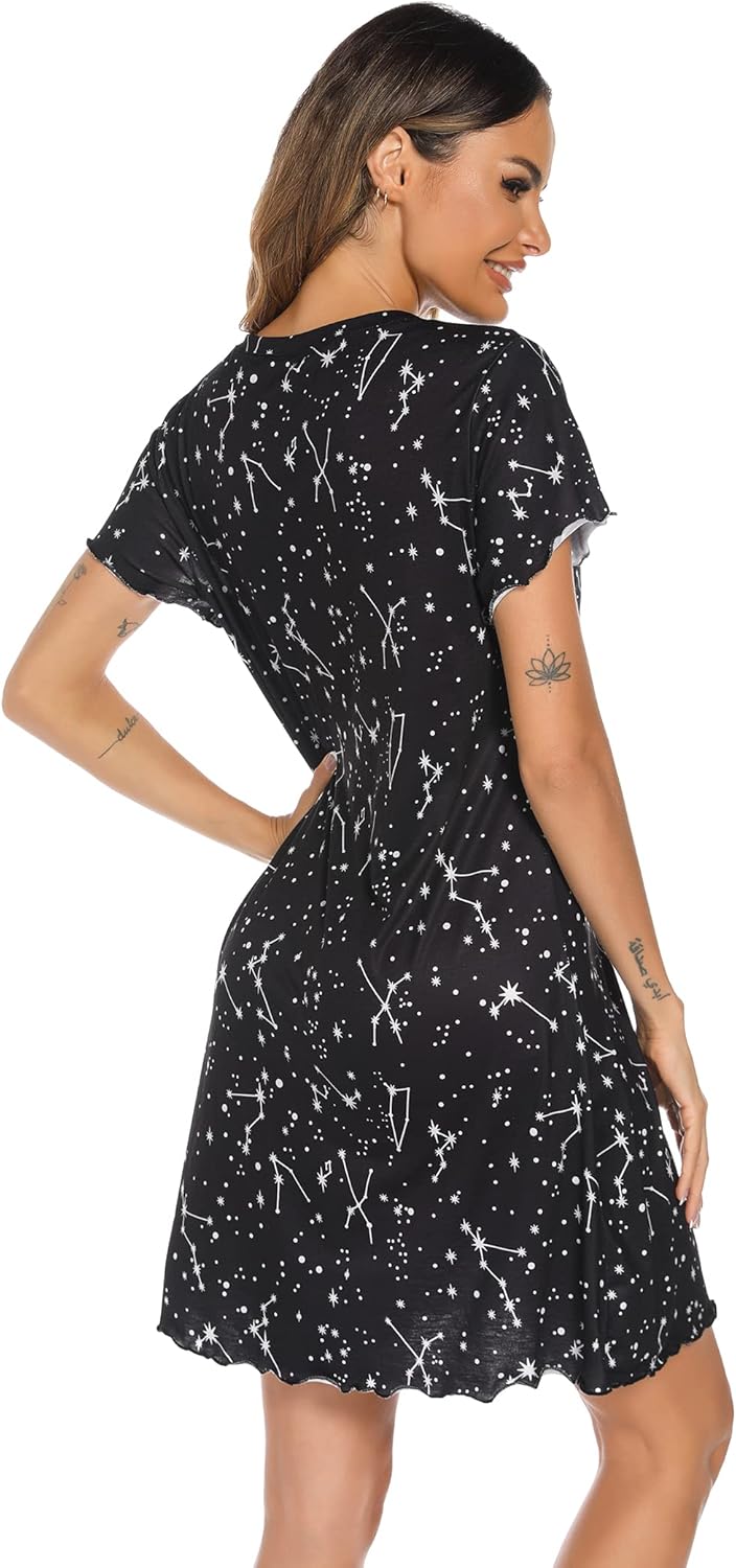 Womens Short Sleeve Sleepshirt Scoopneck Cute Nightdress Ruffle Comfy Nightgown - Image 5