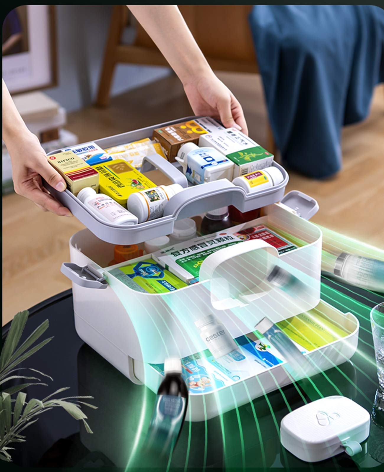 Conservazione familiare, Cassetta dei medicinali Scatola per medicinali Custodia medica per famiglia Armadietto per farmaci Contenitore in plastica Scatola a 2 strati con coperchio rimovibile 30X