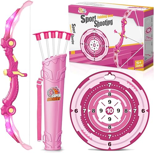 SpringFlower Juguetes de arco y flecha con luces LED para niñas de 5, 6, 7, 8, 9, 10 años, juego de tiro con arco para actividades en interiores y