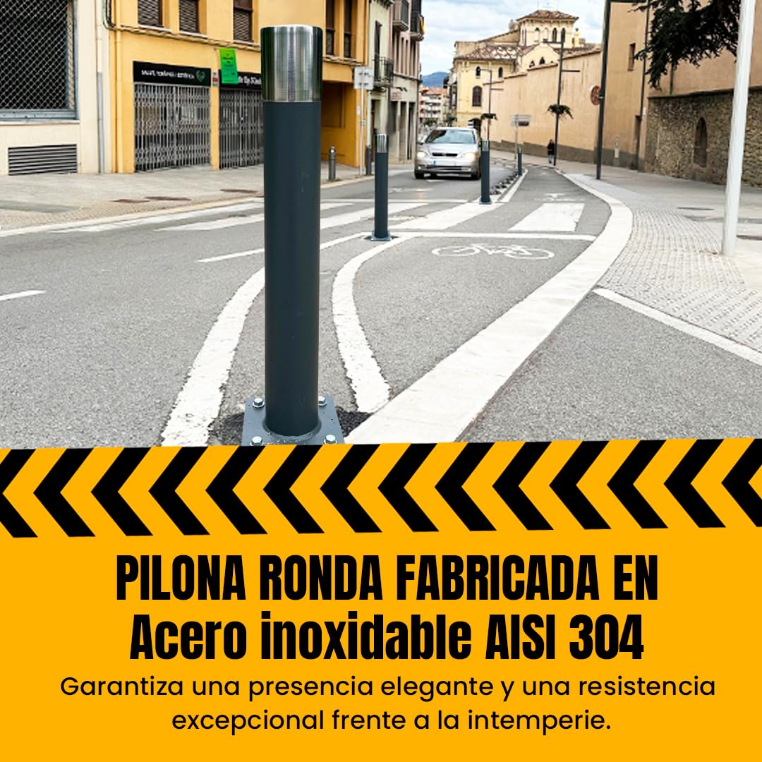 Pilona Ronda Ø 90 mm | Acabado Oxirón y Embellecedor Superior en Acero Inoxidable | Pilona Urbana de Seguridad para Delimitación y Control de Accesos | Altura 1000 mm | Base Atornillable