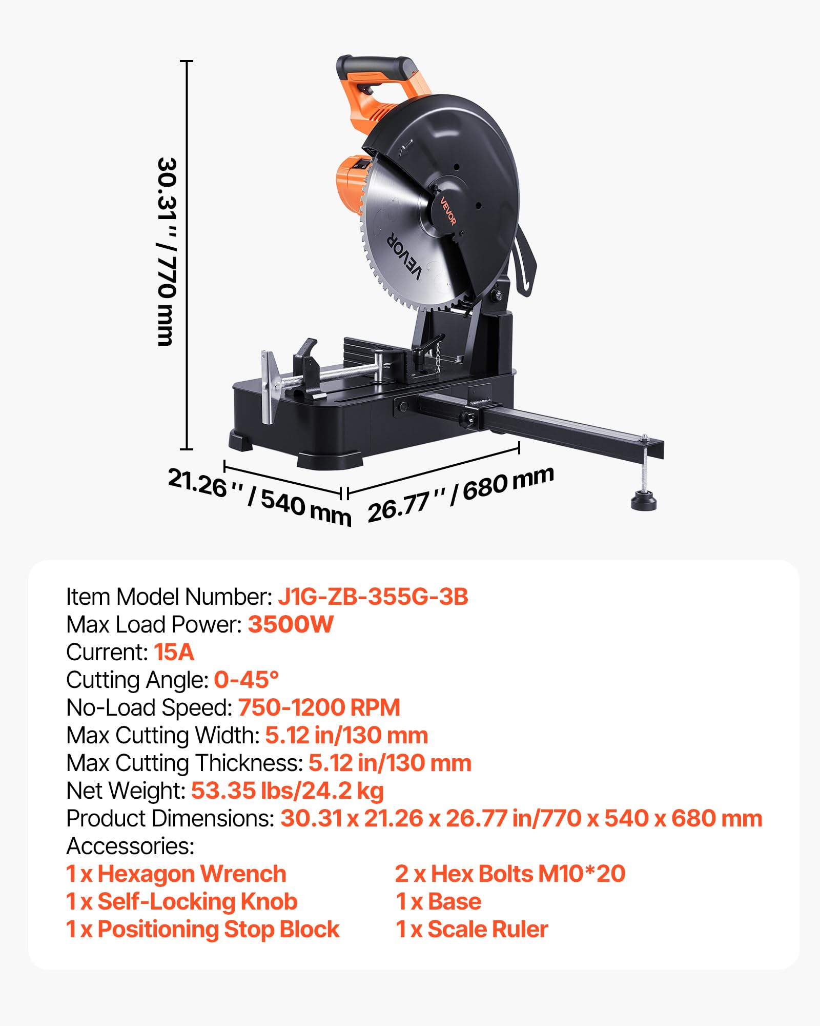 VEVOR Troncatrice per Taglio dei Metalli con Lama a Freddo in Acciaio Inox da 355 mm, Motore Brushless da 3500 W, Velocità Regolabile 750-1200 giri/min, Angolo 0-45°, Troncatrice Taglio Metallo