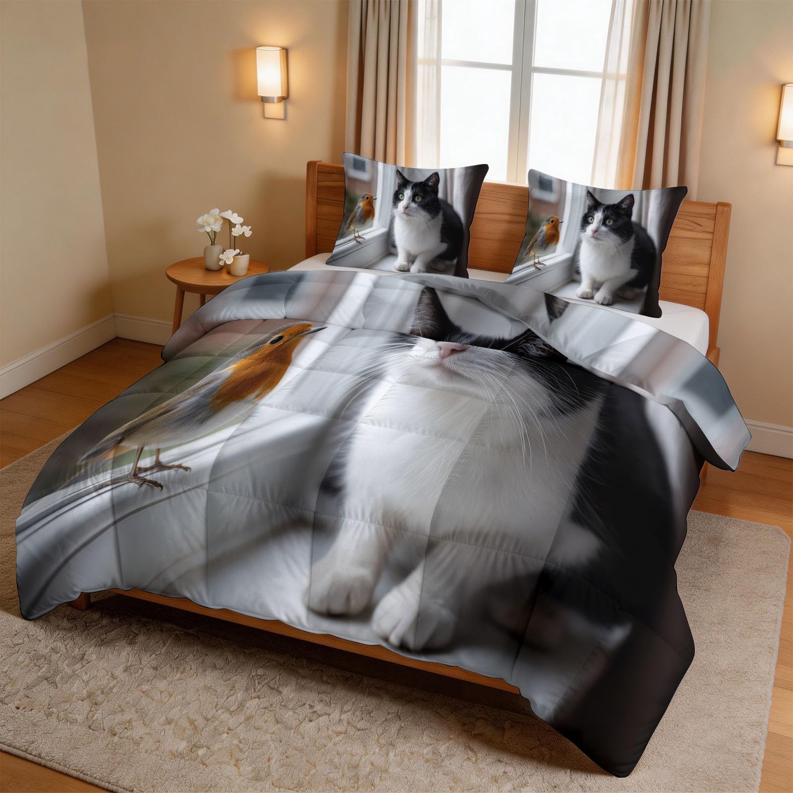 Kołdra 200 x 200 cm, na 4 pory roku, nowoczesna, minimalistyczna kołdra pikowana z motywem zwierzęcia, śliczny kot, ptak, miękka kołdra całoroczna, bez poszewki, dla chłopców i dzieci, nadaje się do